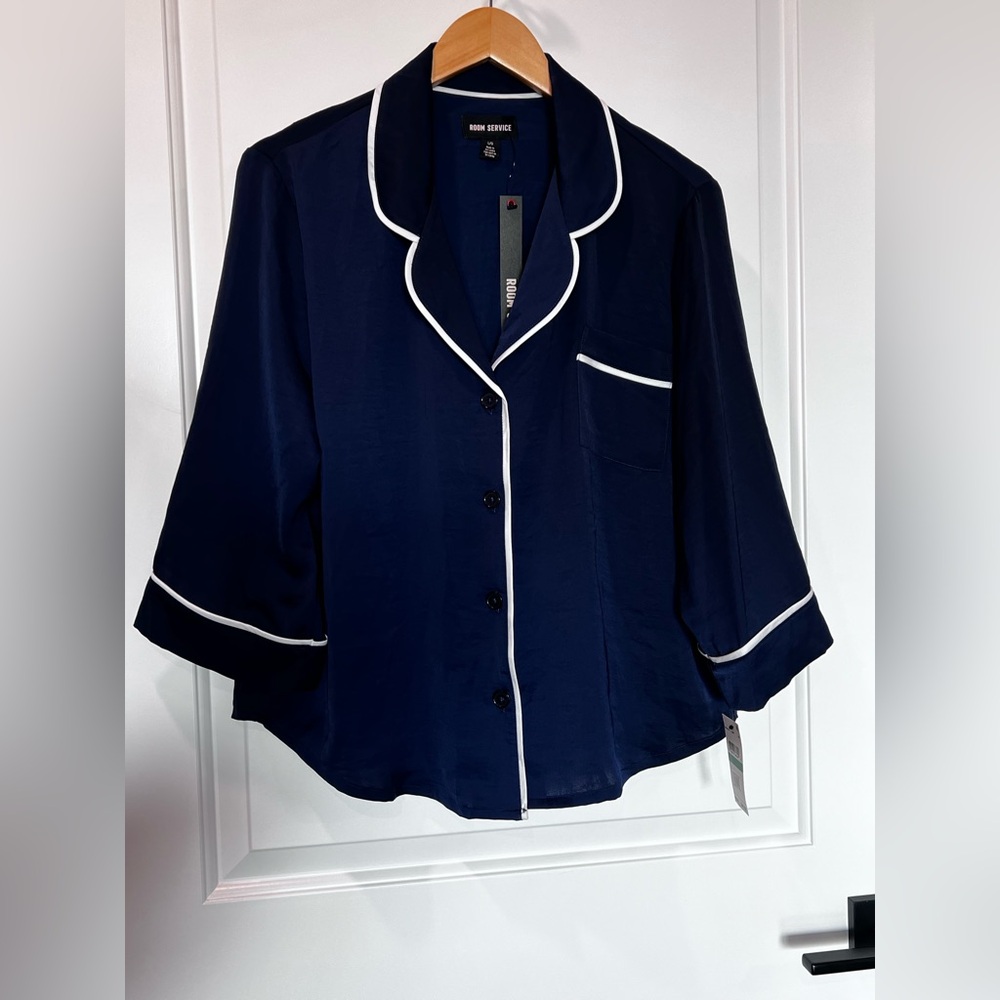 Room Service Navy Blue Pajama Top with White Trim & 3/4 Sleeves